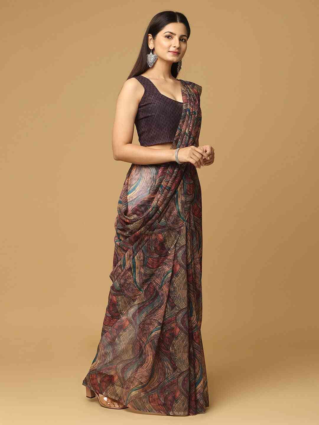 Geometric Printed Coffee Brown Poly Georgette Saree by My Store