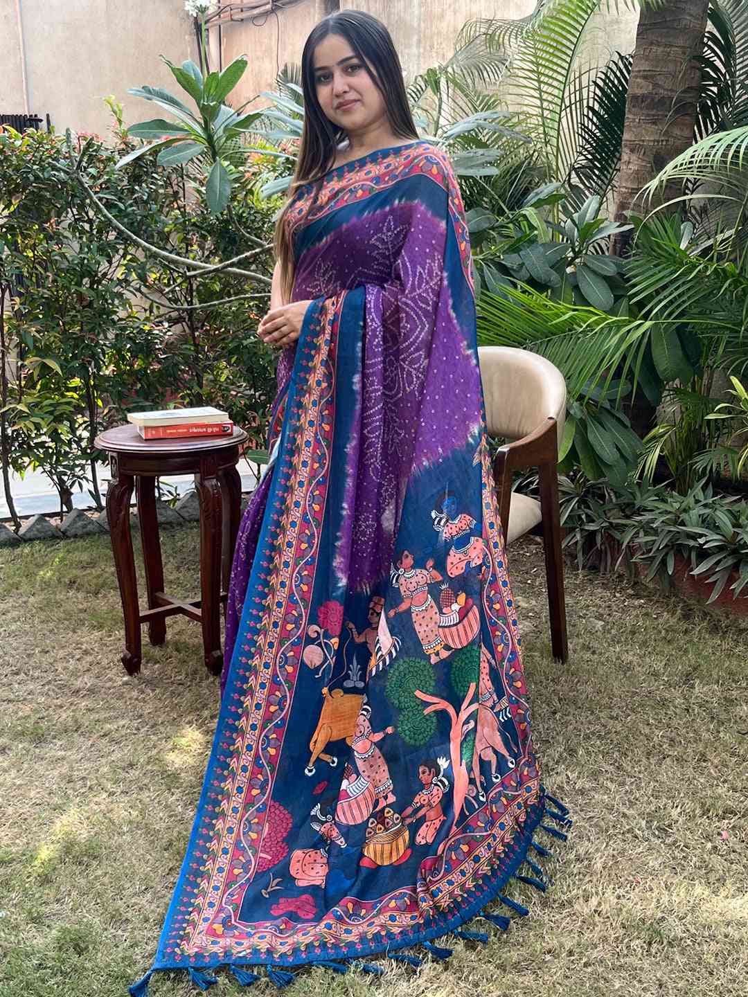 Purple Linen Bandhej Kalamkari Print Saree