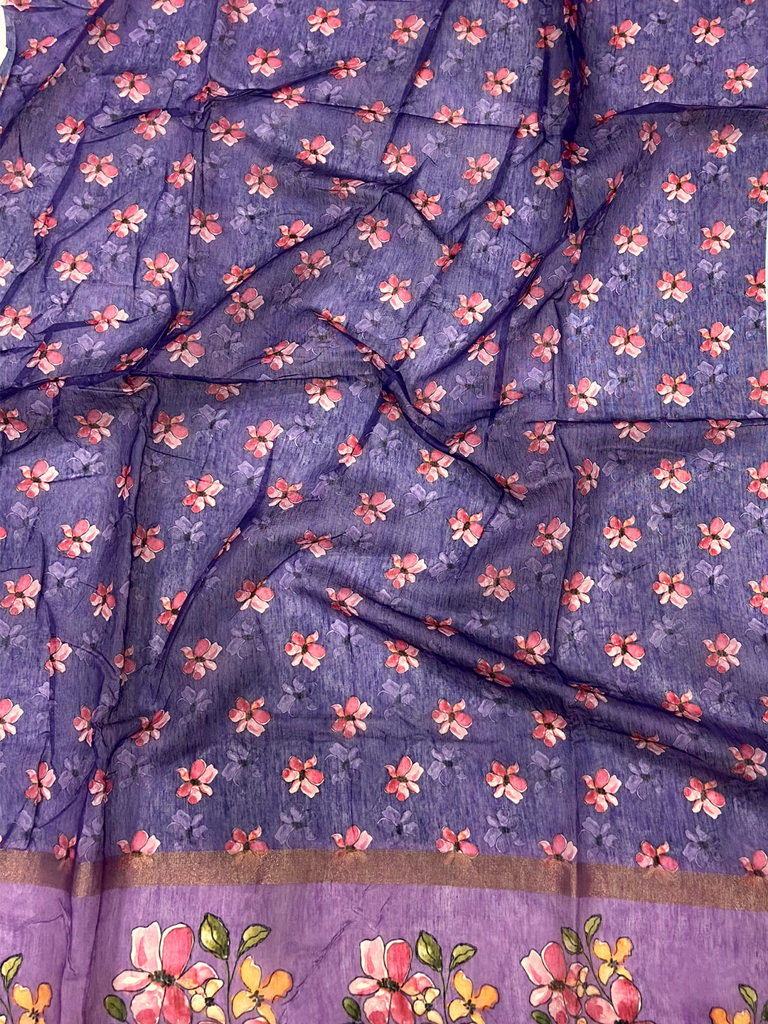 Sky Blue Linen Chanderi Floral Print Saree by My Store