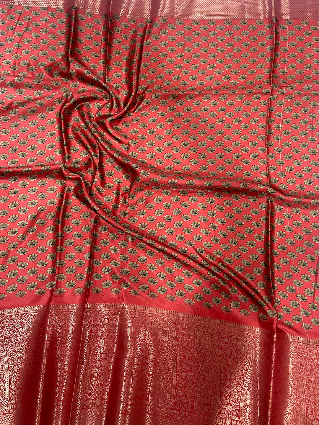 Cream Cherry Satin Kalamkari Saree by My Store