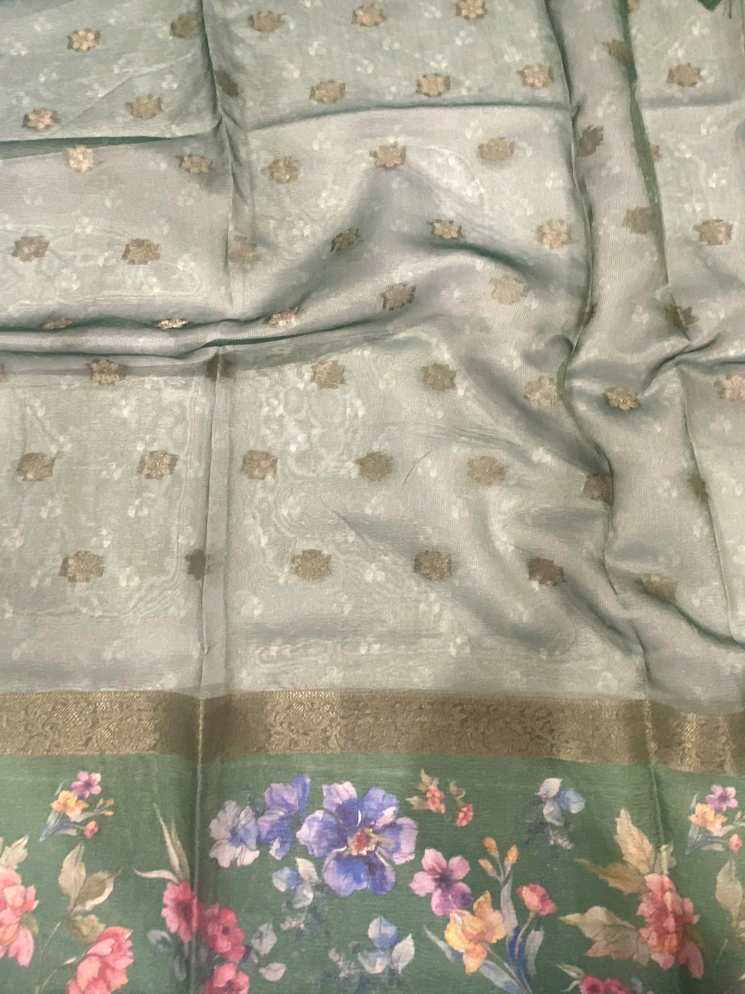 Dark Green Tissue Digital Floral Saree by My Store