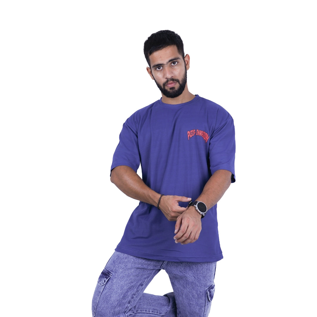 Blue Pizza Invasion Back Print Oversized T-shirt