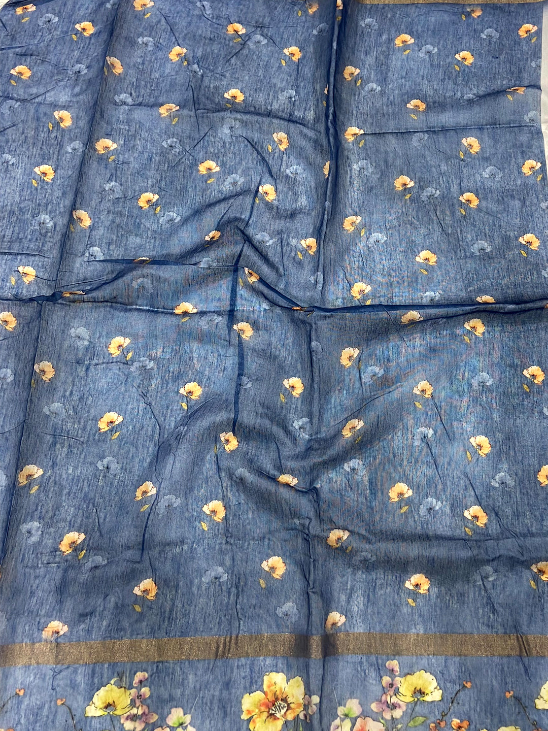 Denim Blue Linen Chanderi Floral Print Saree by My Store
