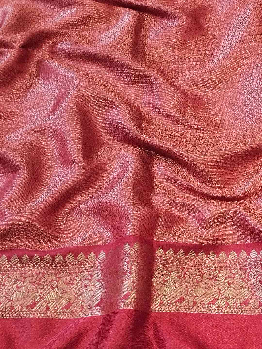 Chiku Colour Double Border Chex Weaving Banarasi Soft Silk Saree by My Store