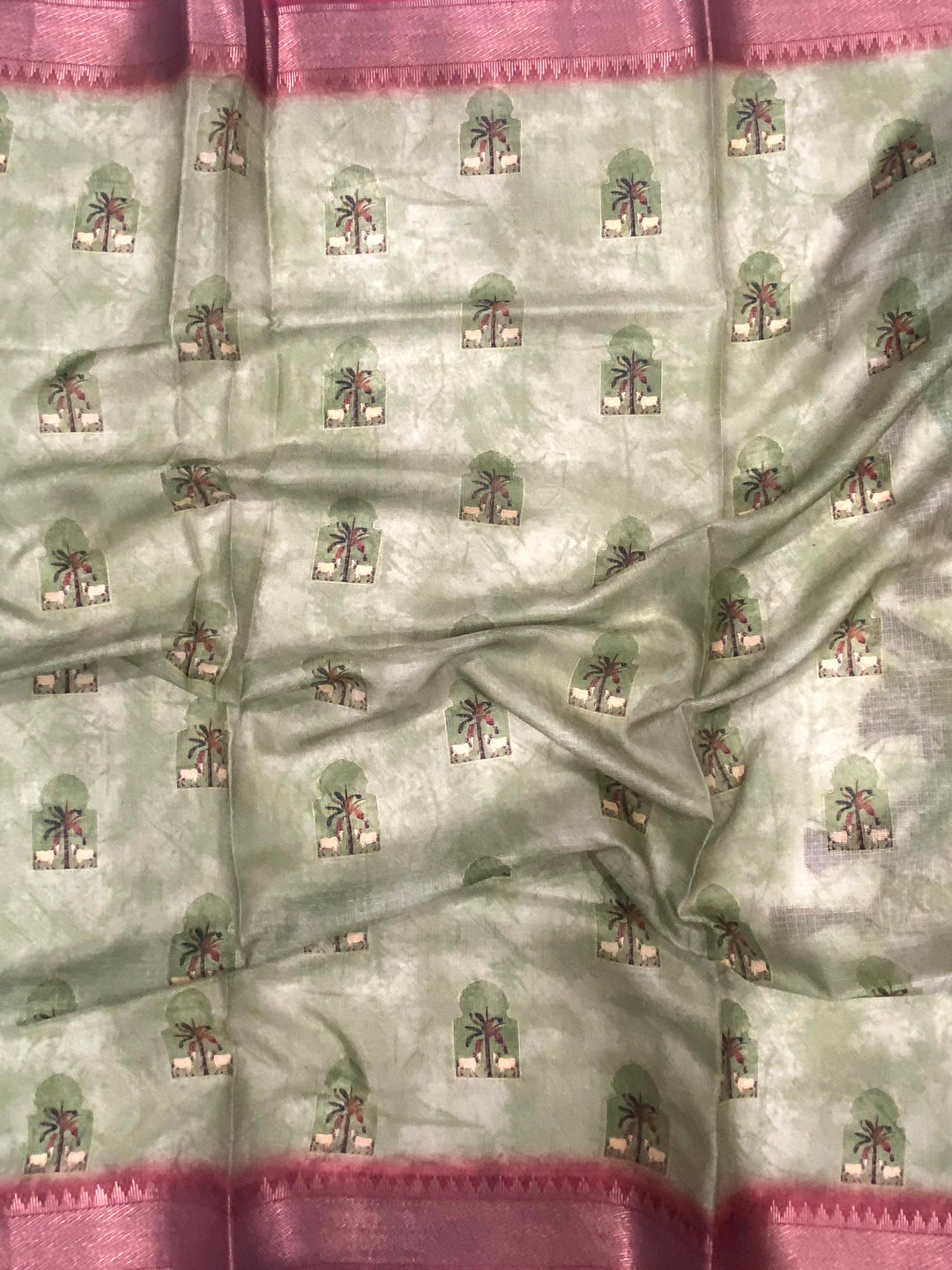 Olive Soft Silk Tissue Pichwai Print Saree by My Store