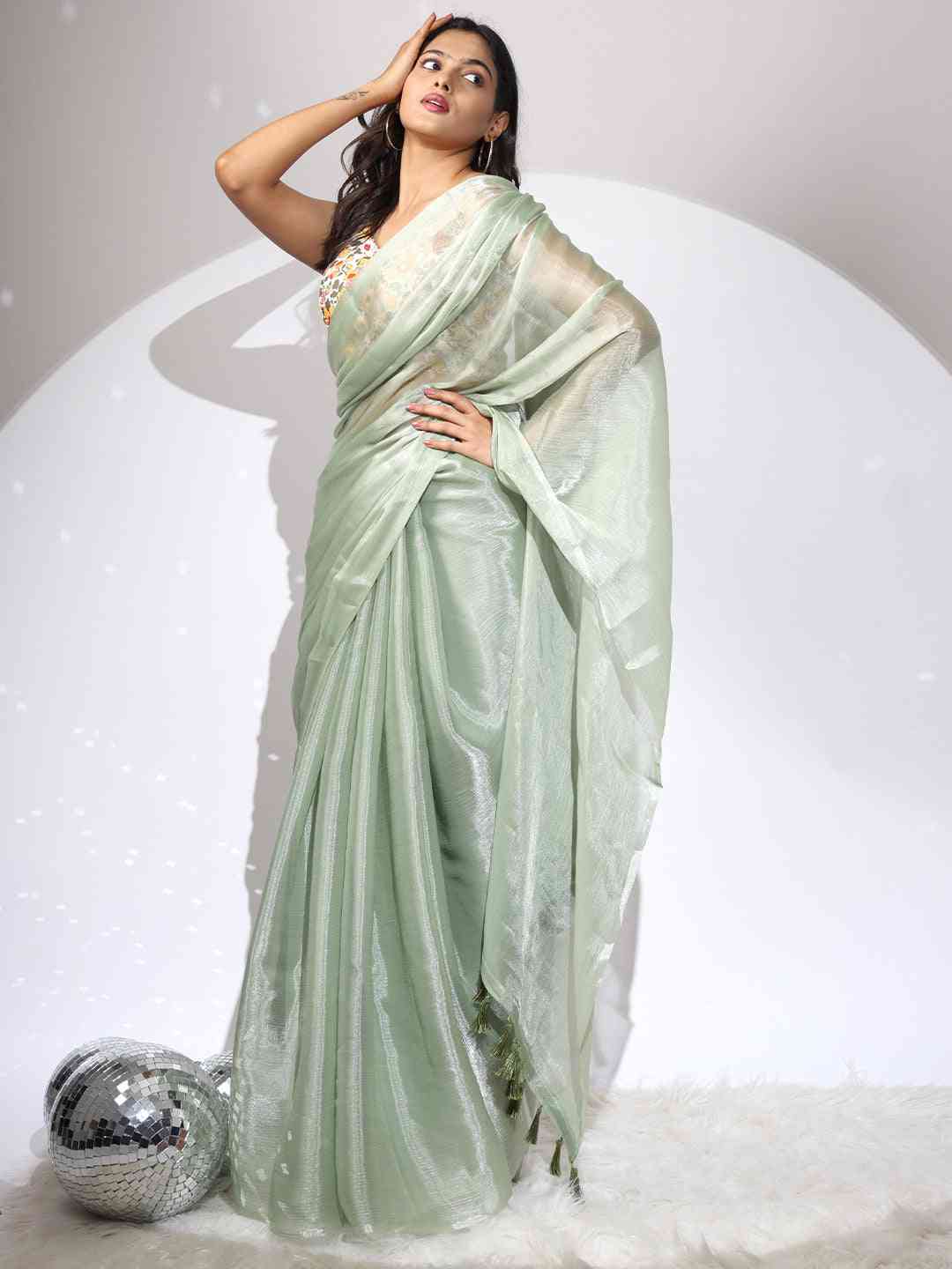 Green Colour Chiffon Dual Tone Party Wear Design Saree by My Store