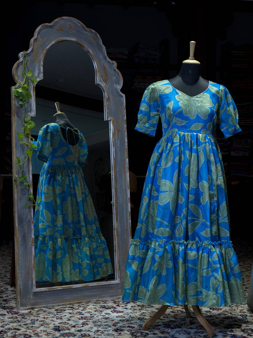 Torpical Teal Floral Print Midi Dress