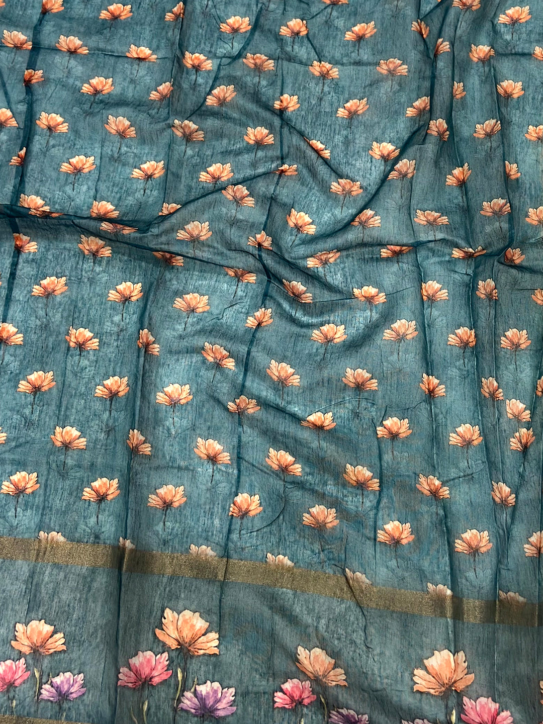Teal Blue Linen Chanderi Floral Print Saree by My Store