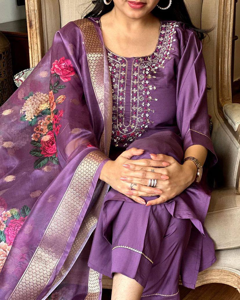 Readymade Viscos Purple Kurta Set