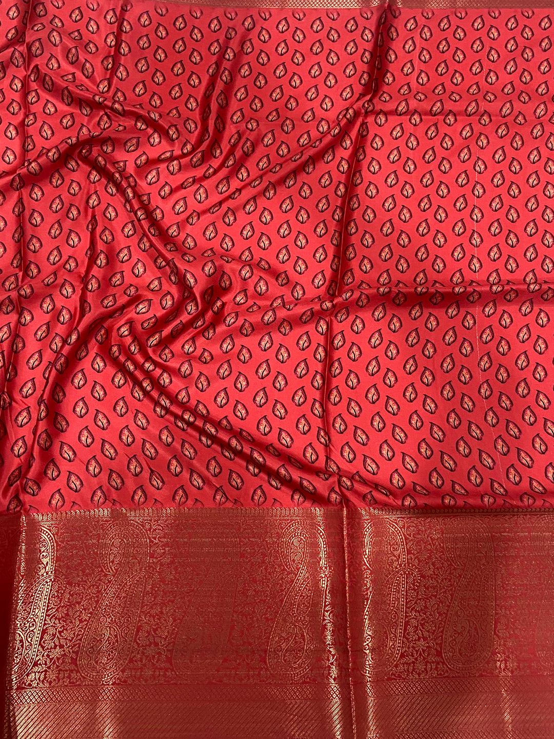 Dark Peach Cherry Satin Kalamkari Saree by My Store