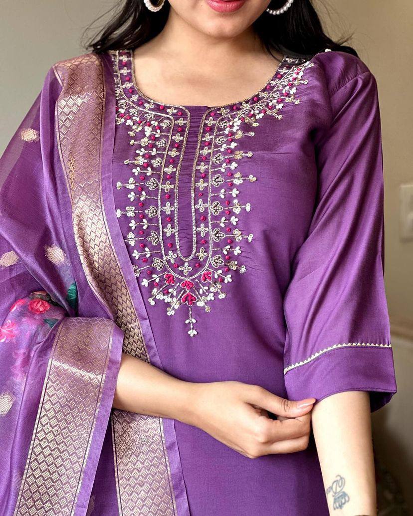 Readymade Viscos Purple Kurta Set