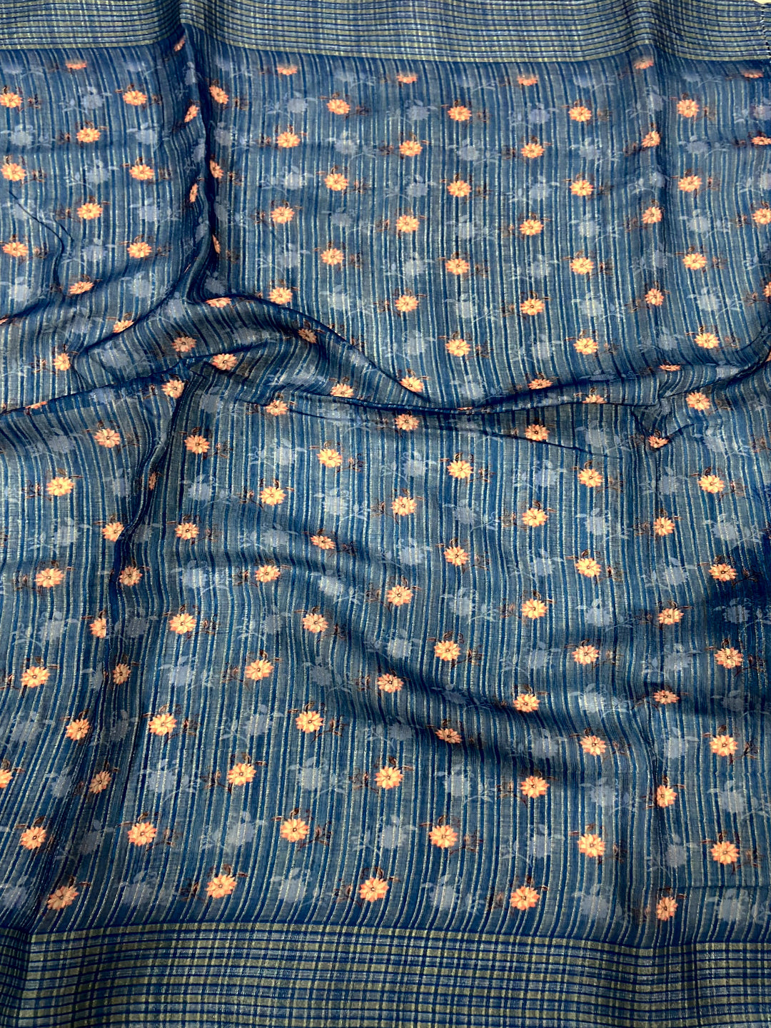 Pastel Blue Linen Digital Printed Saree by My Store