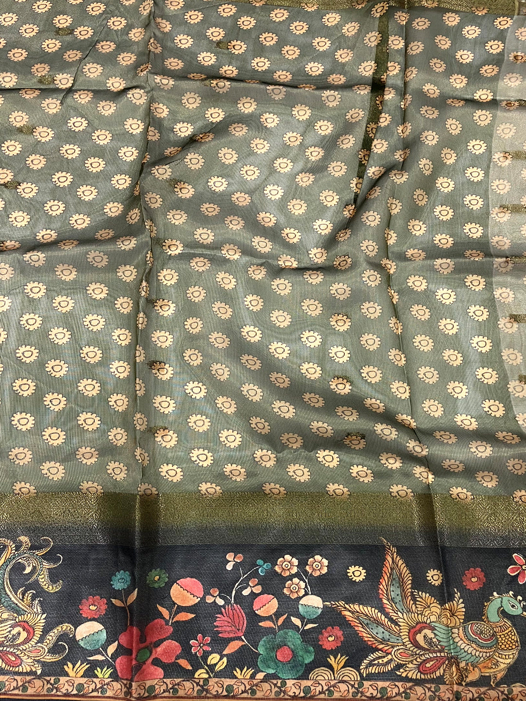 Green Tissue Kalamkari Print Saree by My Store