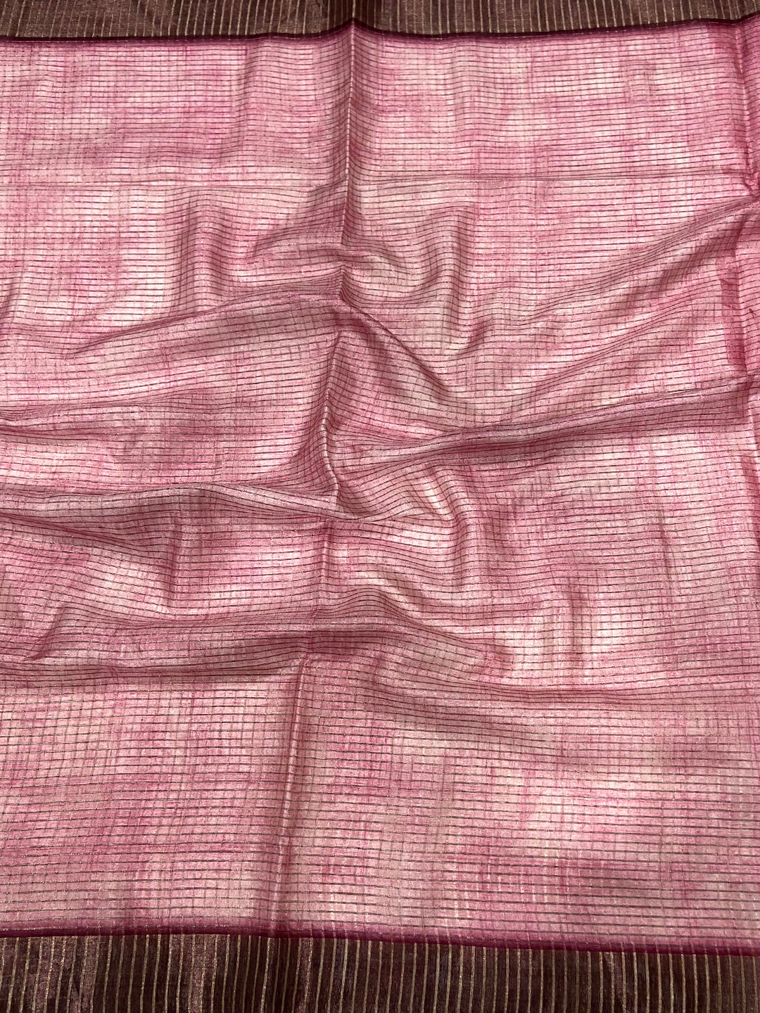 Light Pink Kalamkari Pichwai Black Check Saree by My Store