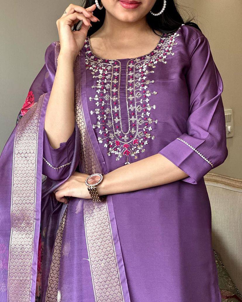 Readymade Viscos Purple Kurta Set