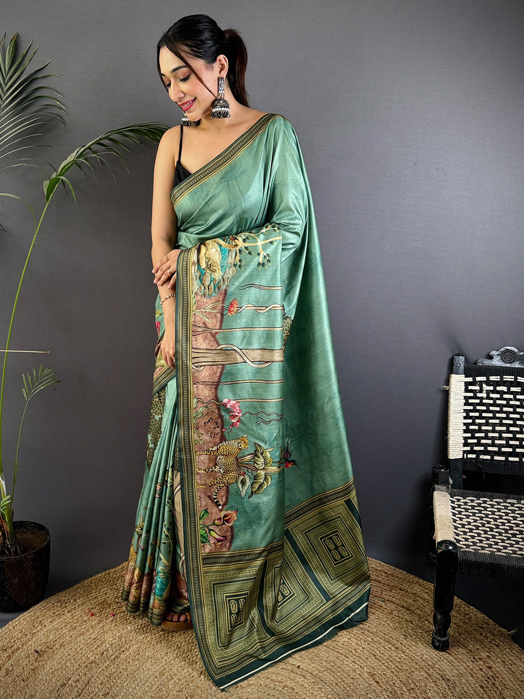 Green Soft Dola Silk Printed Saree by My Store