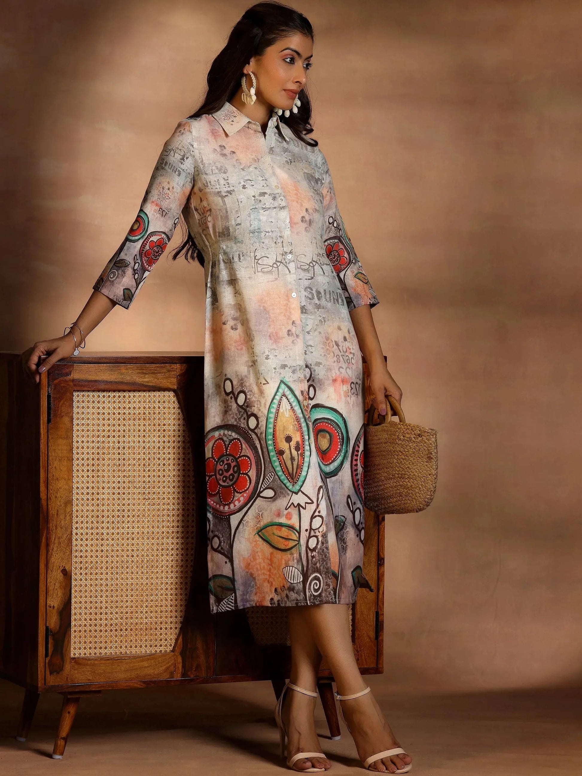 Off White Printed Cotton Blend A-Line Dress by My Store