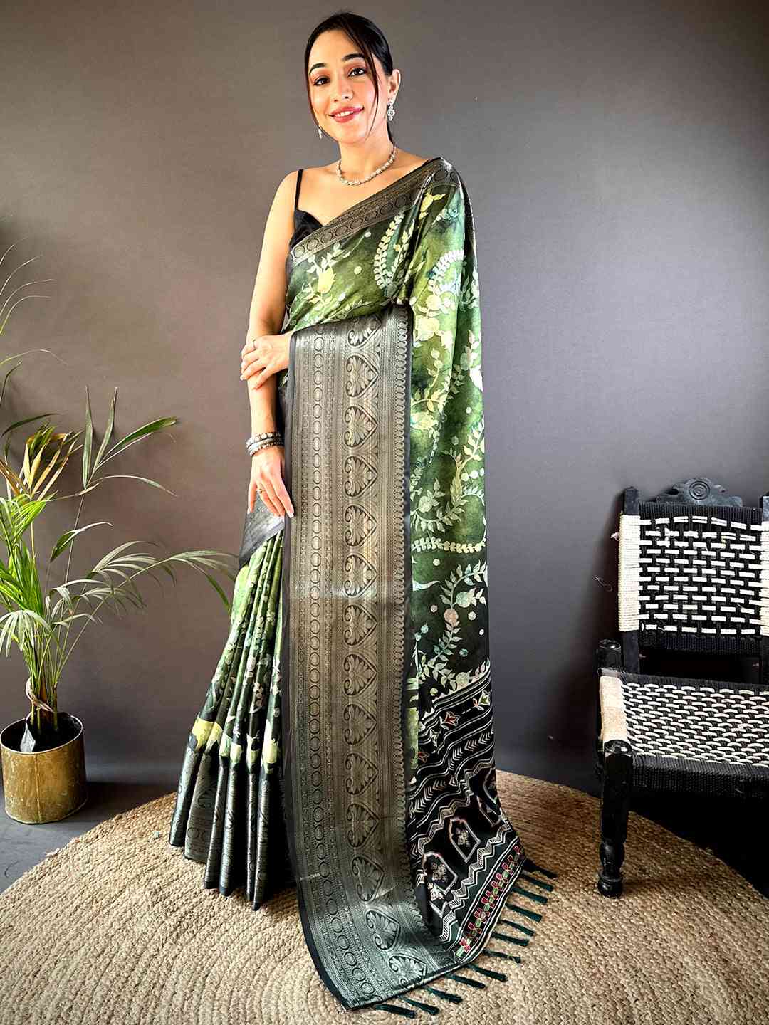 Green Floral Animal Batik Soft Silk Saree by My Store