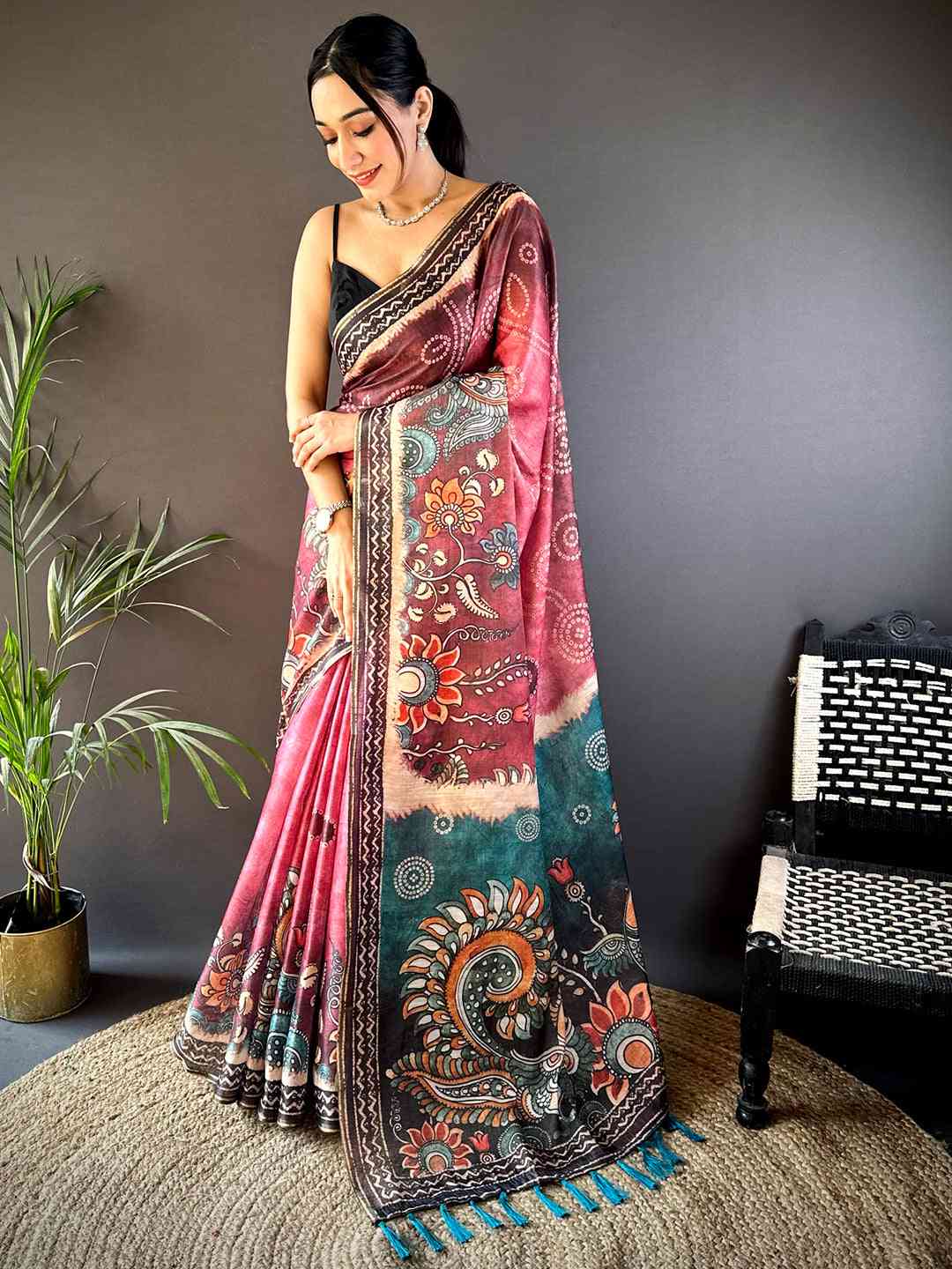 Blush Pink Kalamkari Bandhani Chanderi Saree by My Store