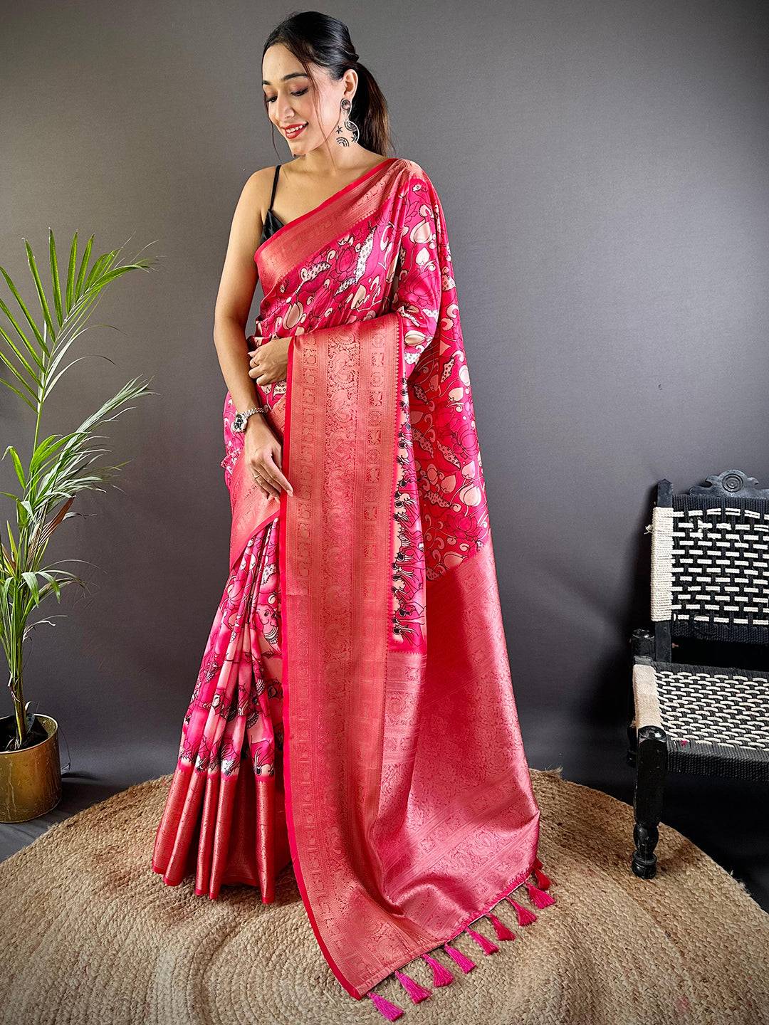 Pink Serenity Soft Silk Kalamkari Saree by My Store