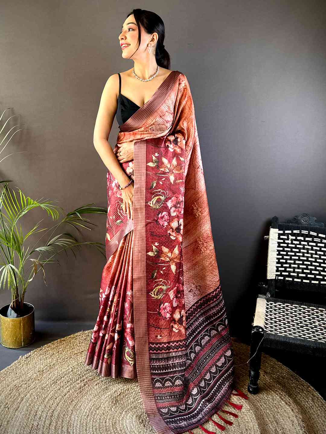 Rust Brown Tissue Chanderi Digital Check Saree by My Store