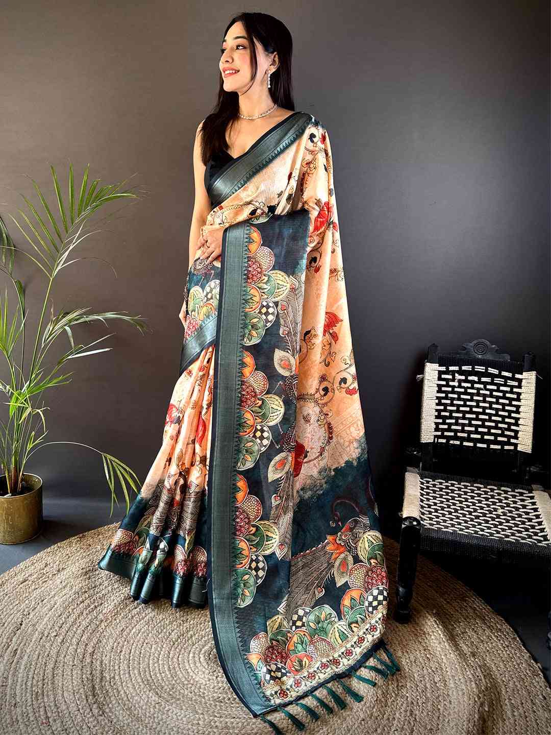 Peach Kota Doriya Zari Weave Digital Print Saree by My Store