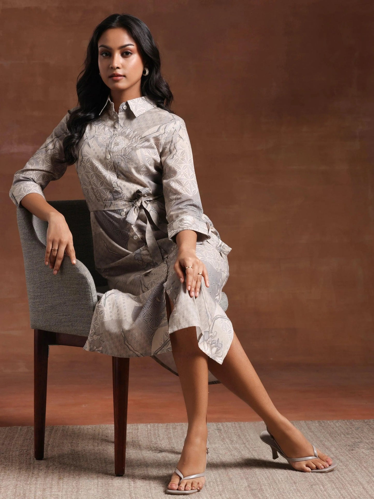 Off White Printed Cotton Blend Shirt Dress