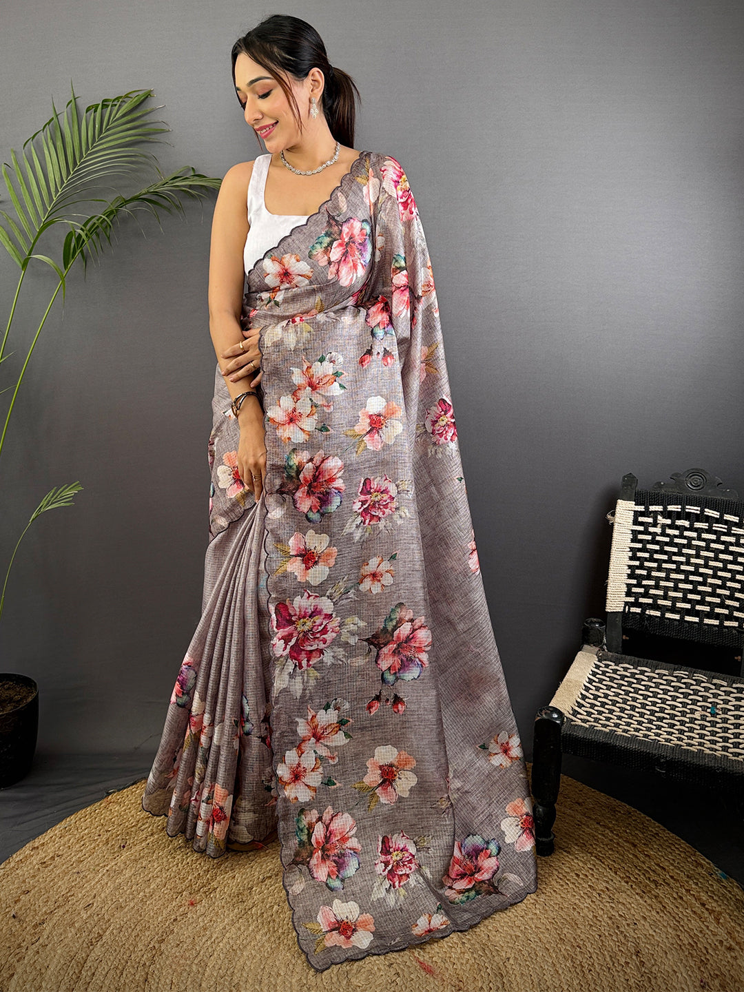 Grey Floral Cut Work Kota Saree by My Store