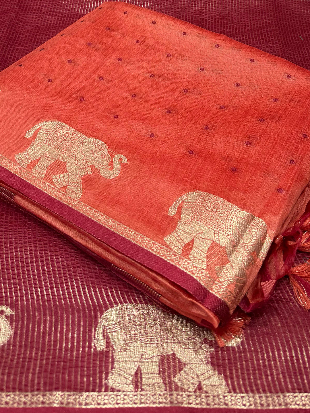 Peach Pure Silk Bandhani Butti Saree by My Store