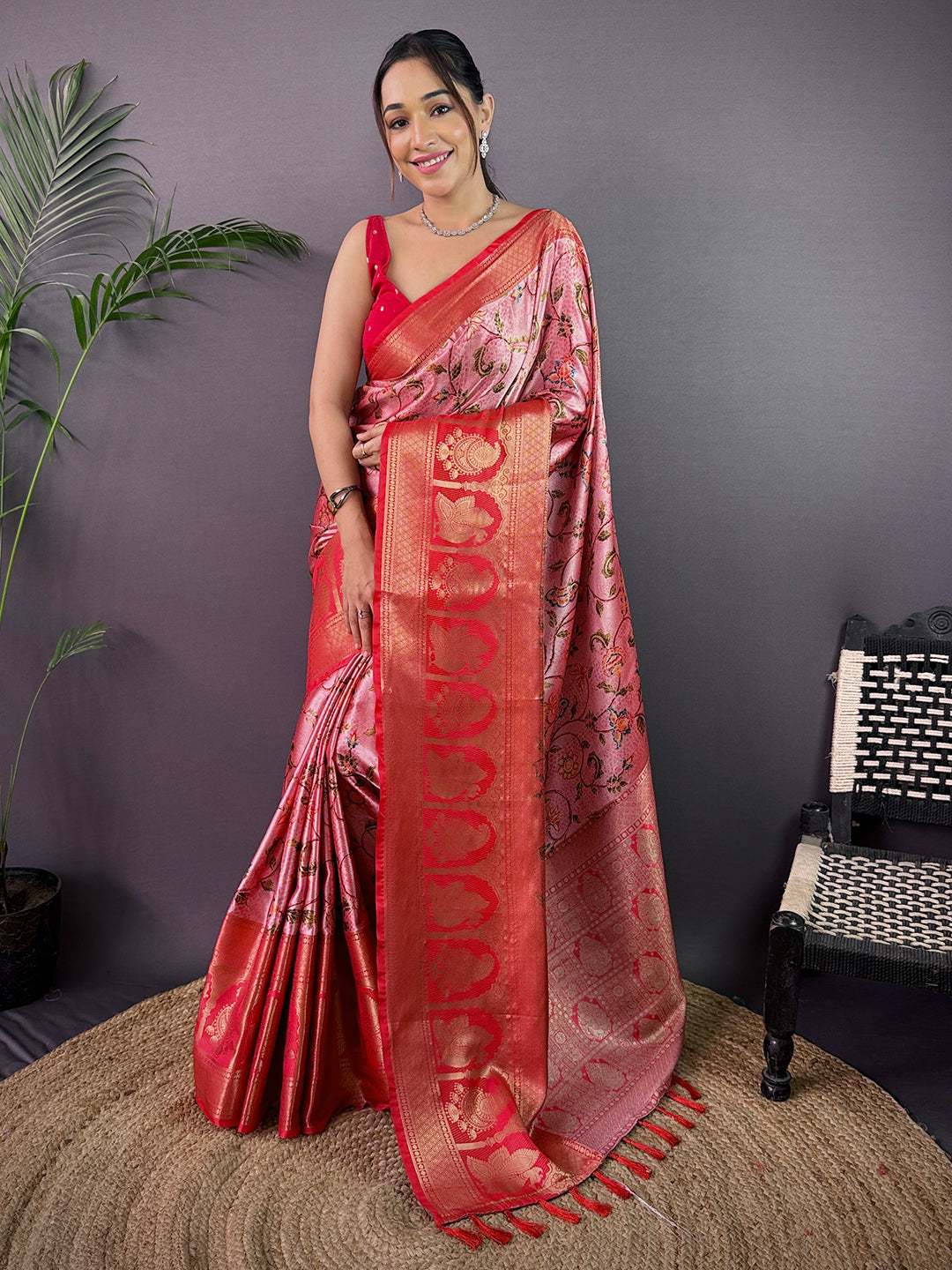 Royal Soft Cherry Satin Kalamkari Print Saree by My Store