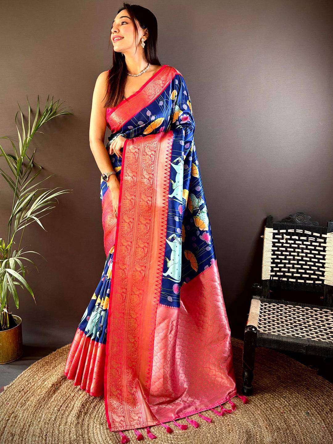 Navy Blue Soft Silk Saree With Pichwai Kalamkari Print by My Store