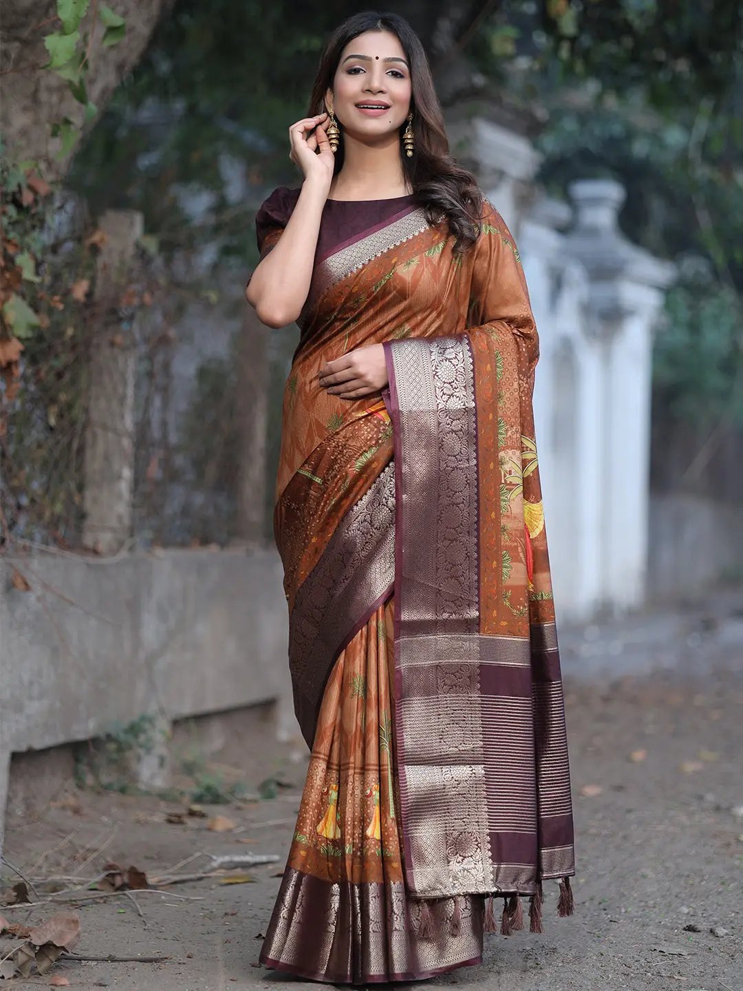 Coffee Brown Colour Pure Viscose Dola Silk Saree with Pichwai Kalamkari Print - Luxe