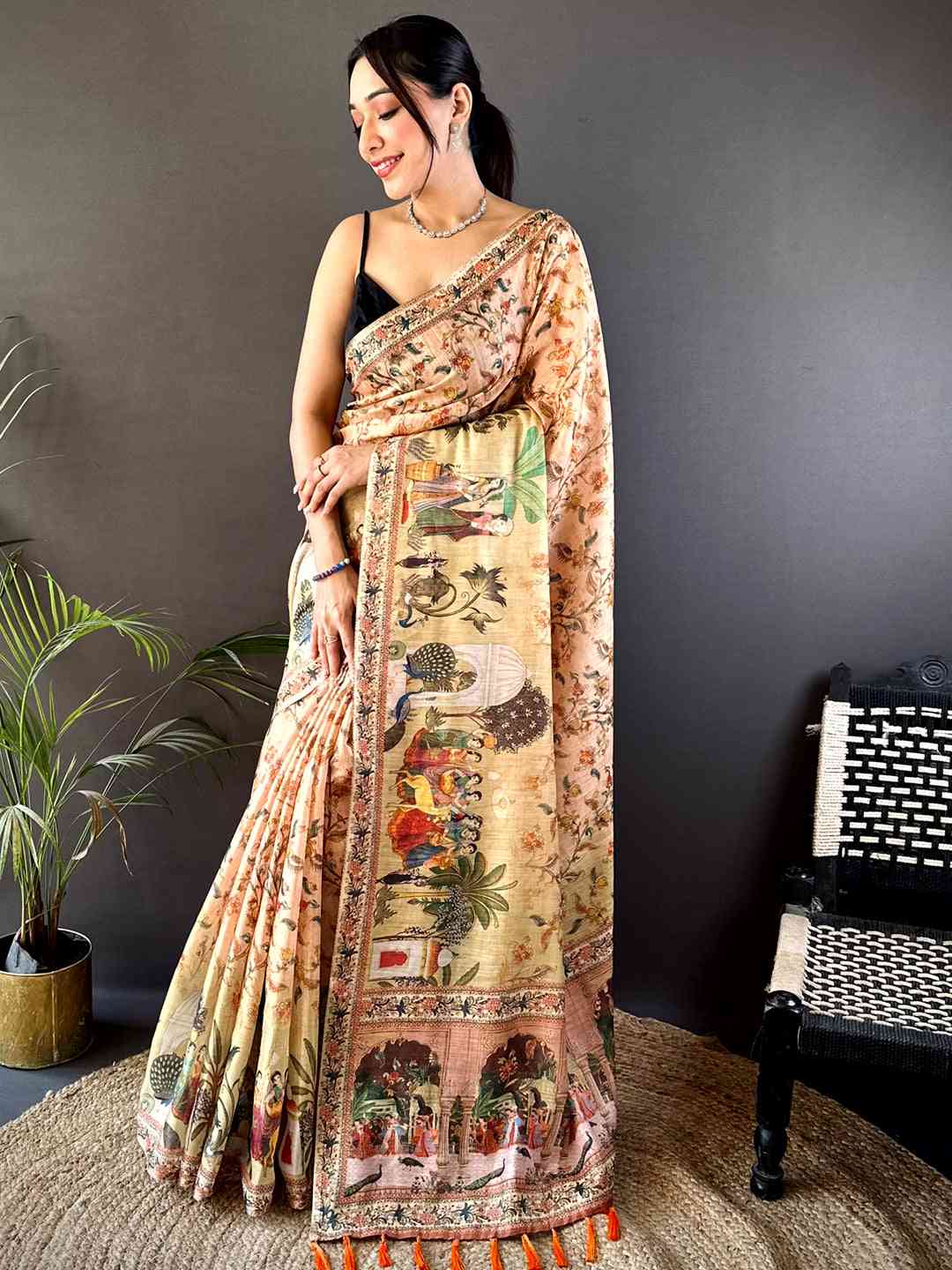 Peach Tussar Pashmina Kalamkari Saree by My Store