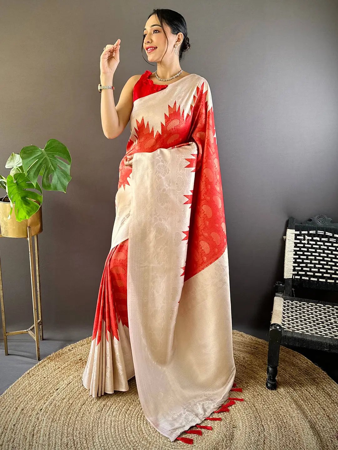 Red Ikkat Temple Soft Silk Saree by My Store