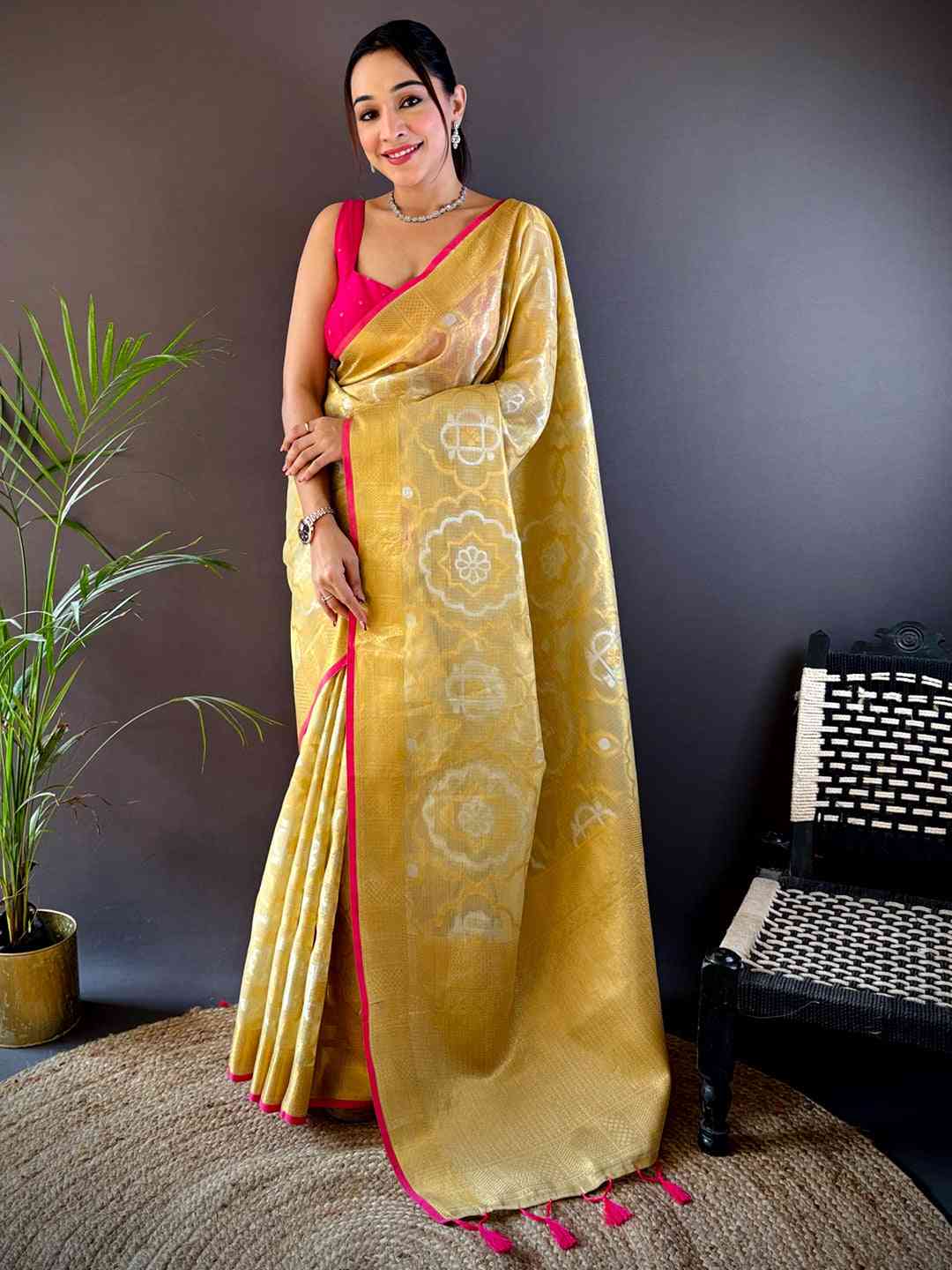 Minakari Floral Saree With Pink Tassels by My Store