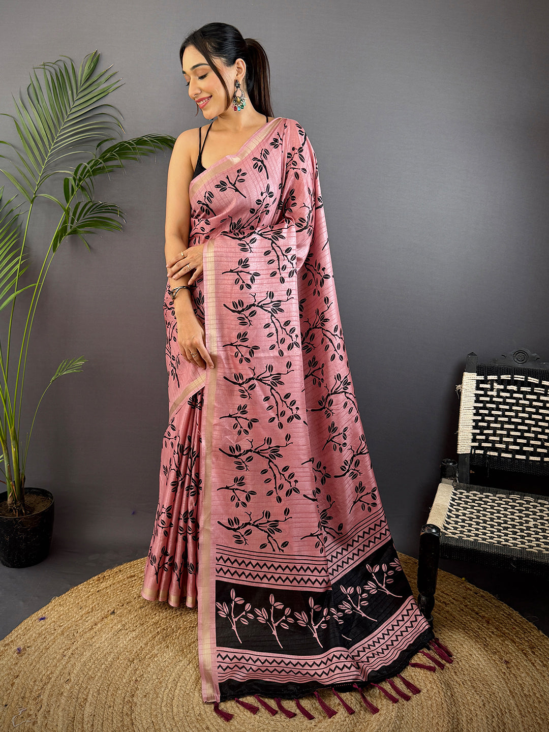 Rose Pink Ghicha Leaf Print Saree by My Store