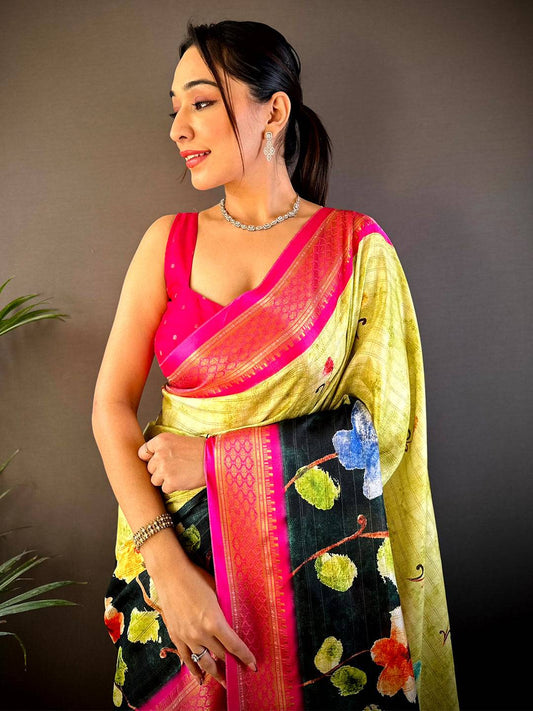 Lime Soft Gadwal Uppada Silk Saree by My Store