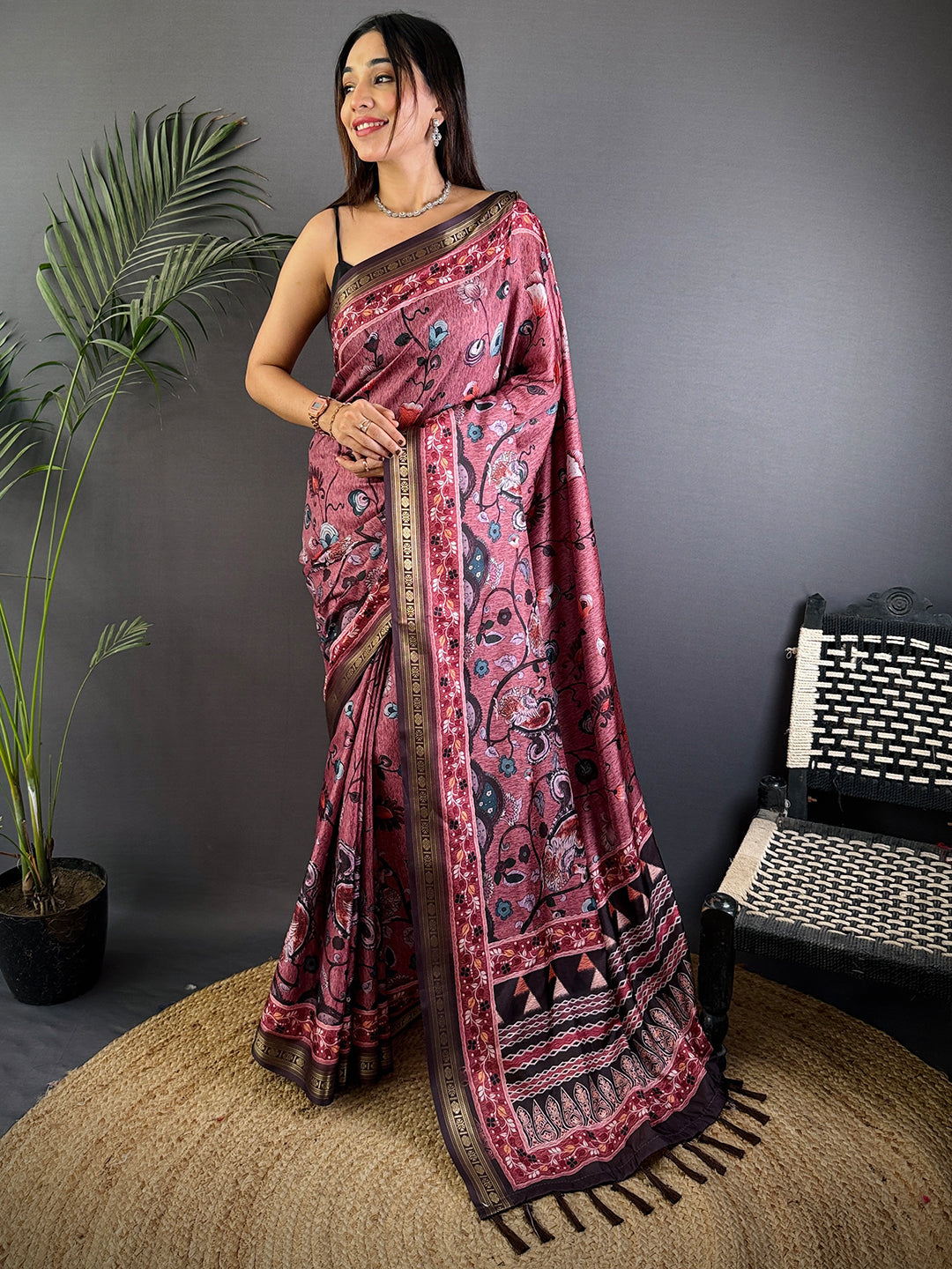 Wine Floral Grace Soft Silk Saree
