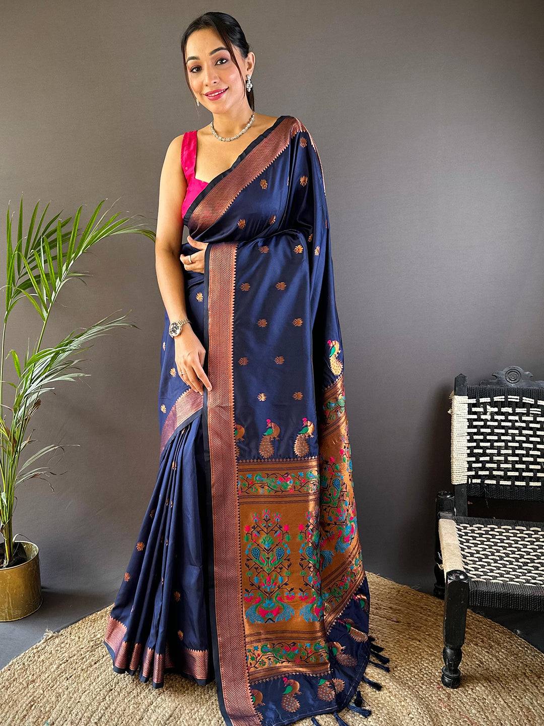 Copper Allure Soft Silk Navy Blue Saree by My Store