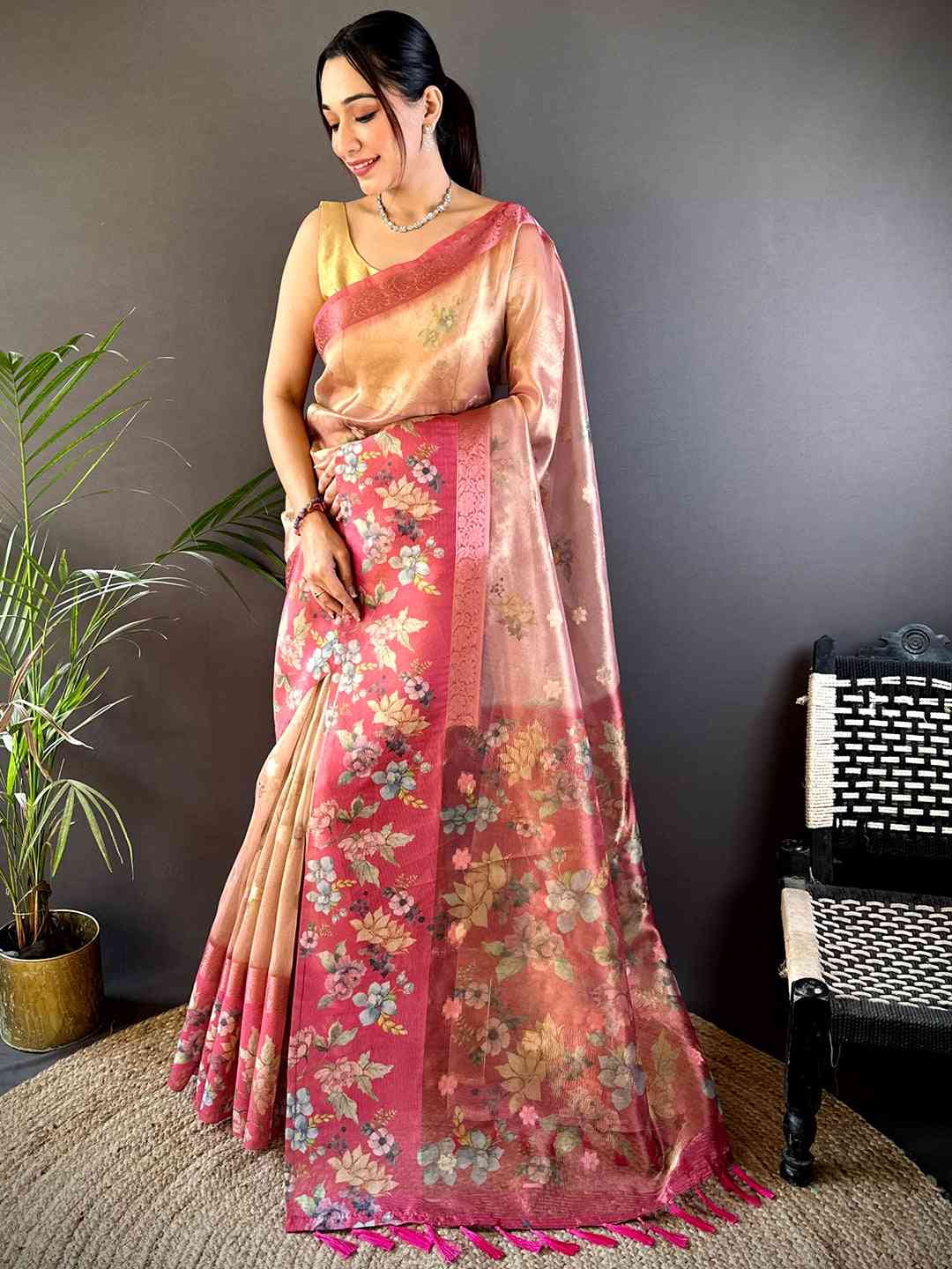 Red Tissue Digital Floral Saree by My Store