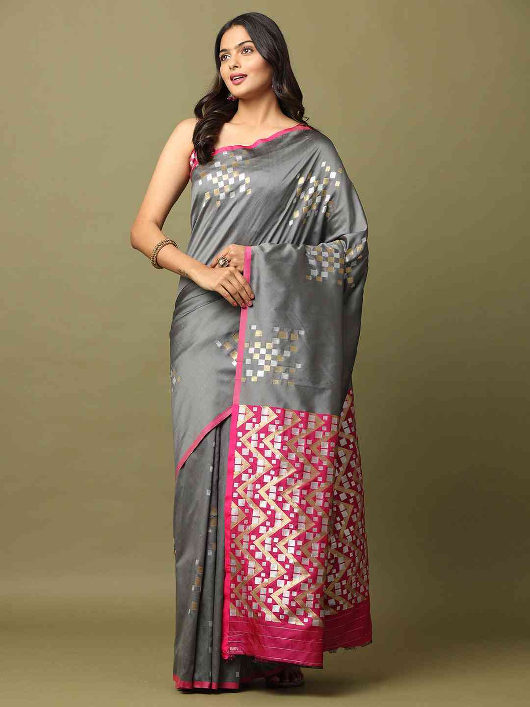 Grey Banarasi Soft Silk Kanchi Zari Weaving Saree