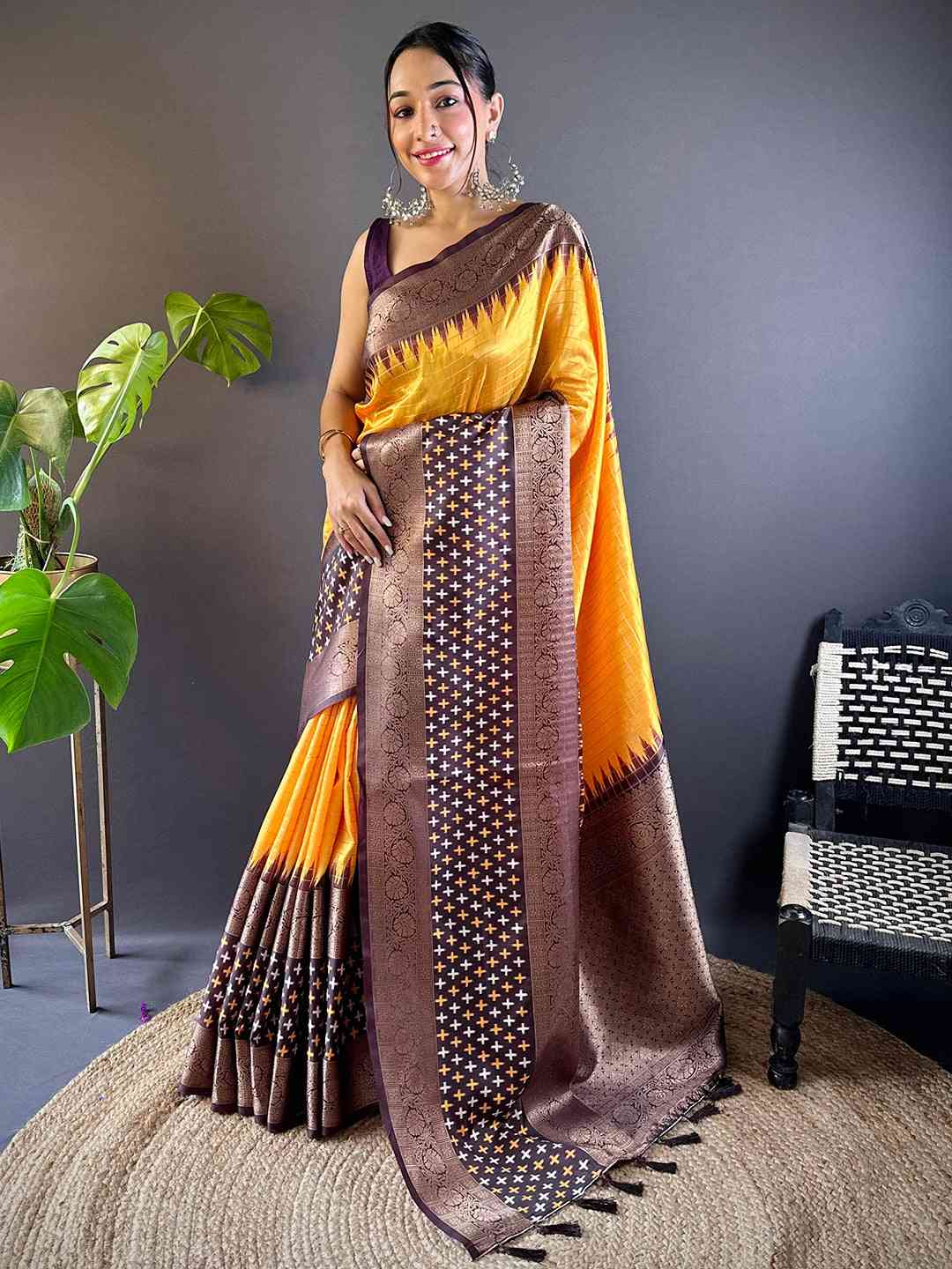 Yellow Chex Ikkat Saree With Double Border