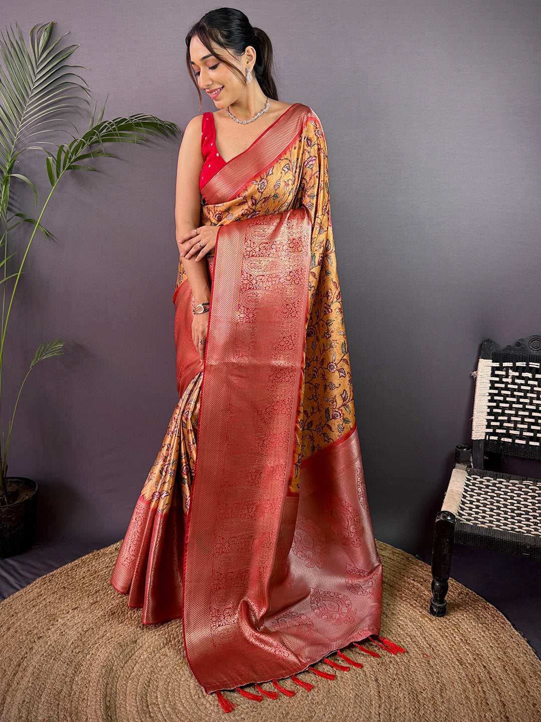 Mustard Yellow Cherry Satin Kalamkari Saree by My Store