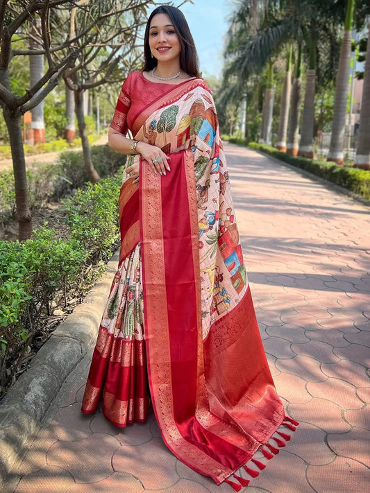 Peach Colour Double Border Chex Weaving Banarasi Soft Silk Saree by My Store