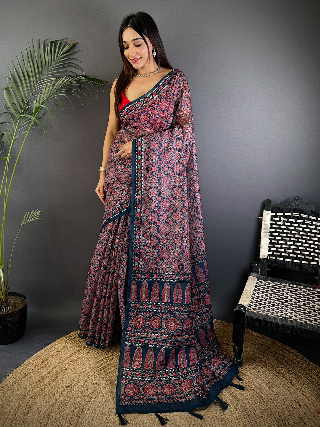 Navy Blue Charm Mirror Work Silk Saree by My Store