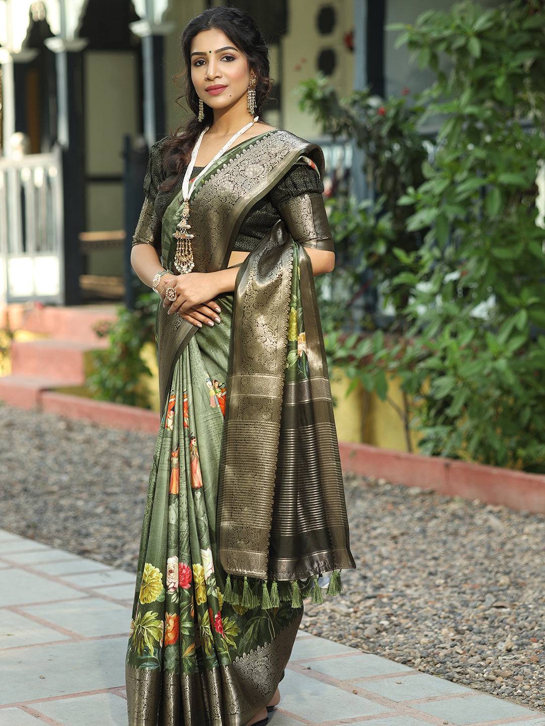 Dark Green Colour Pure Viscose Dola Silk Floral Print Saree - Luxe by My Store