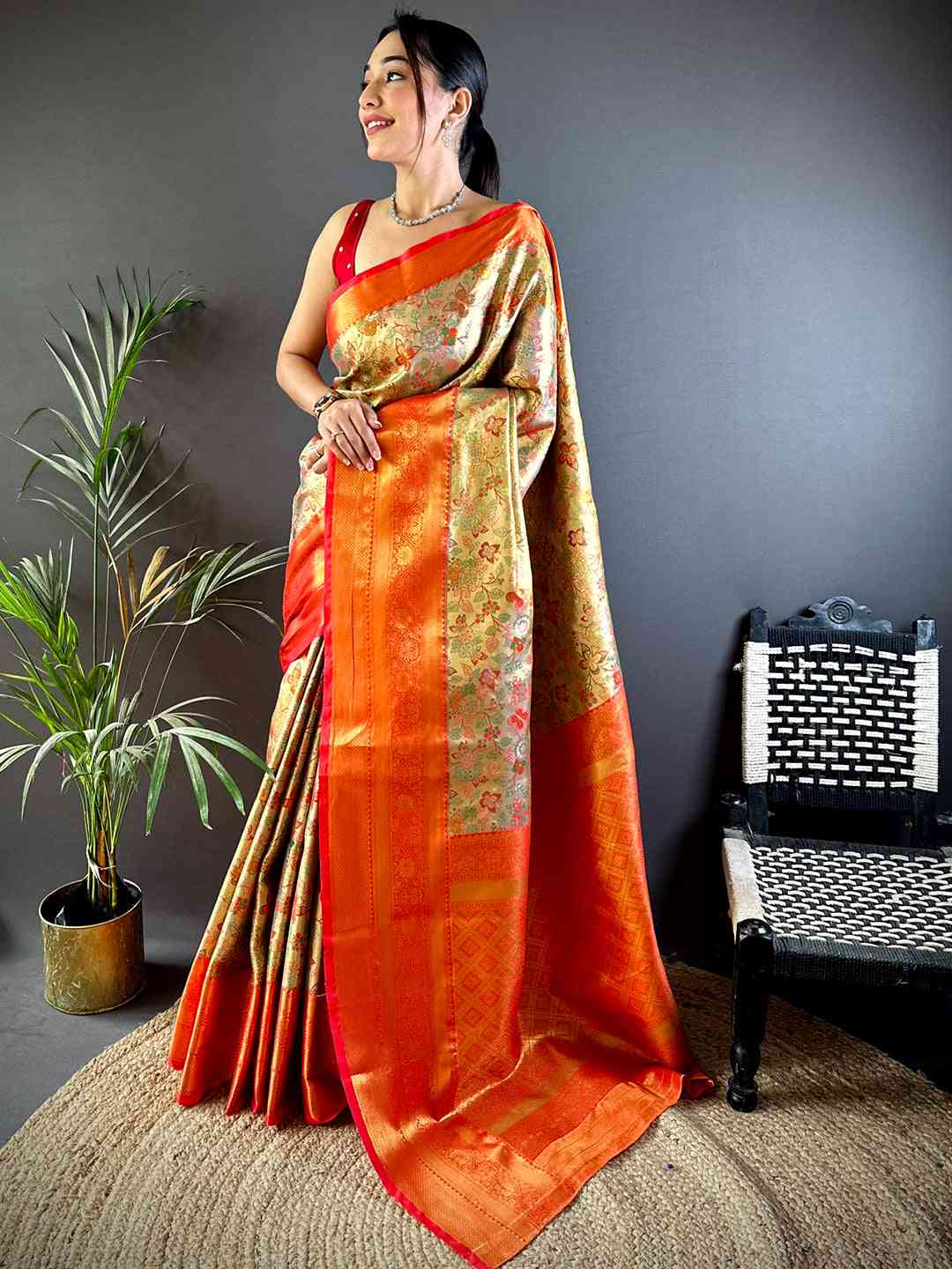 Red Dharmavaram Butterfly Silk Saree by My Store