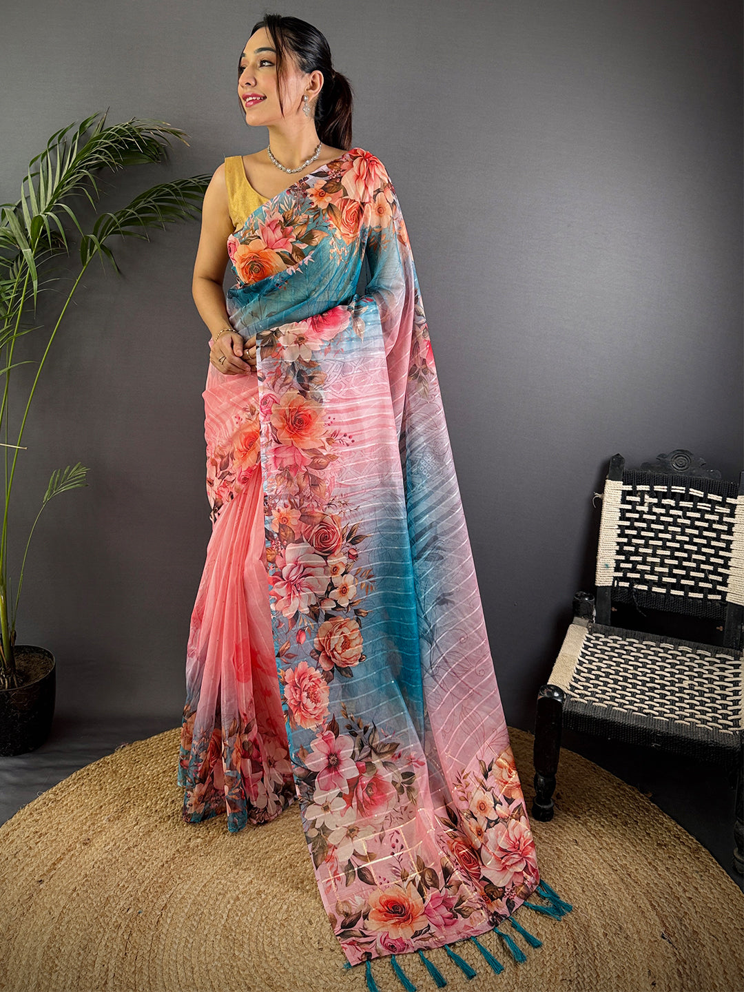 Light Pink Soft Organza Digital Floral Saree by My Store