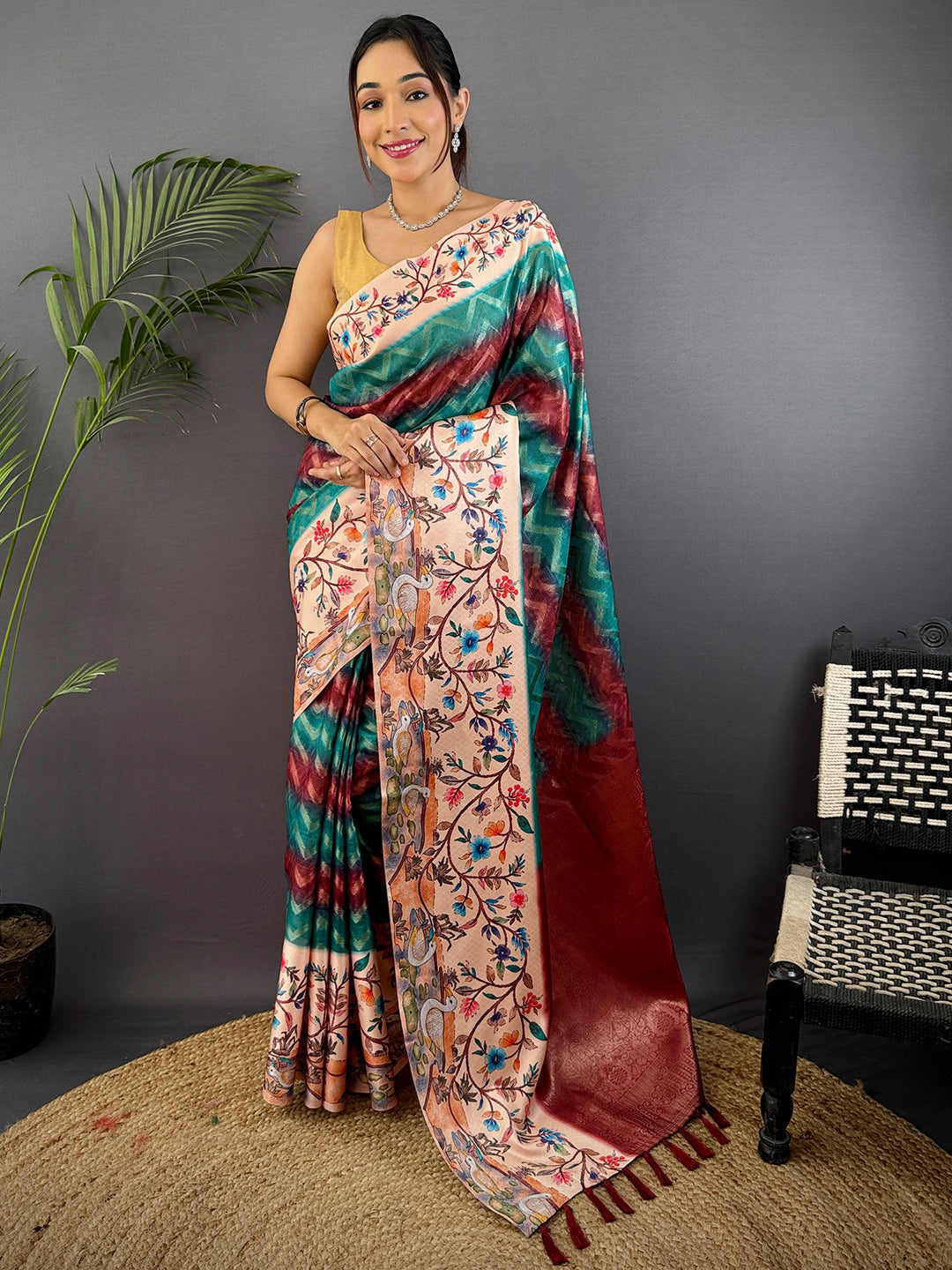 Teal Madhubani Print Soft Silk Saree