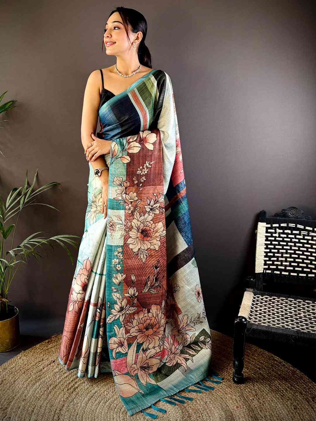Multi Tussar Zari Floral Saree by My Store